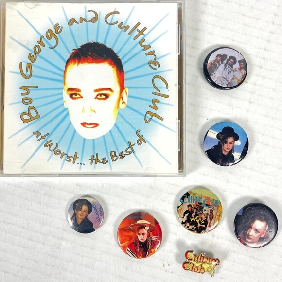 Boy George Culture Club Greatest Hits CD + 8 Vintage Buttons Enamel Pin Bundle - Picture 1 of 10